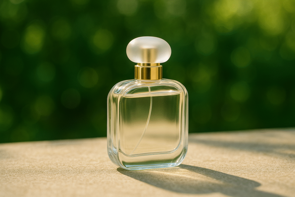 Prostokątny flakon perfum z przezroczystego szkła w naturalnym świetle