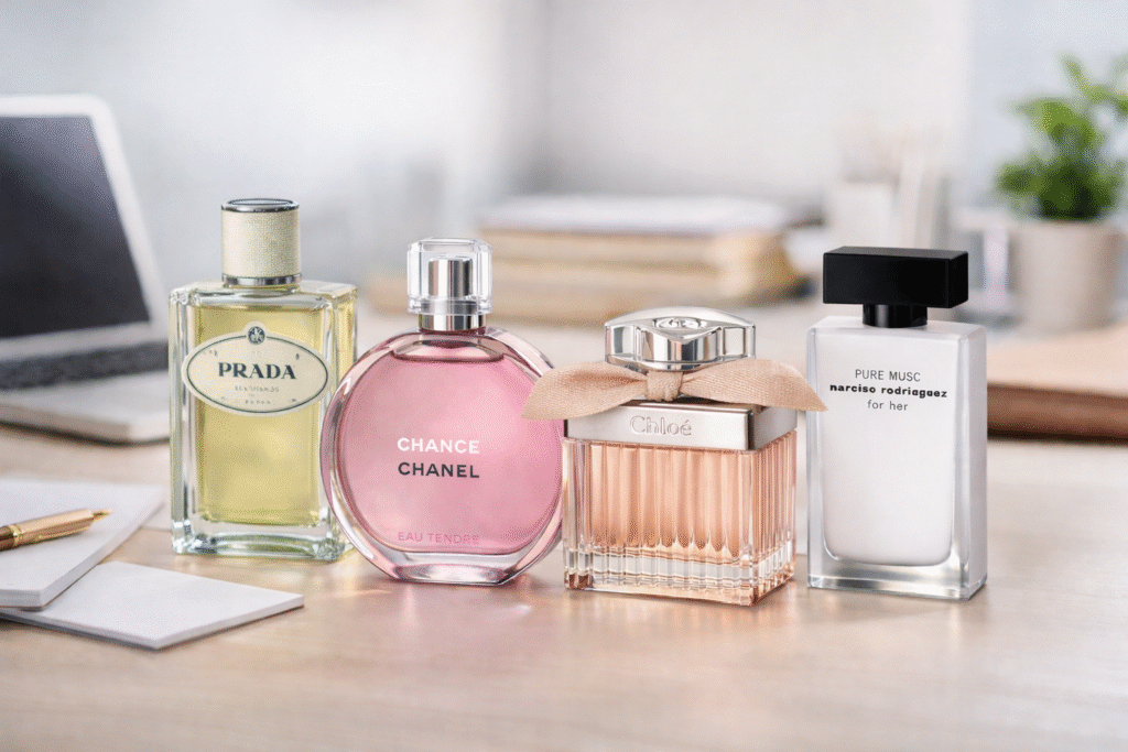 Perfumy damskie do pracy ustawione na biurku – eleganckie, subtelne zapachy idealne do biura