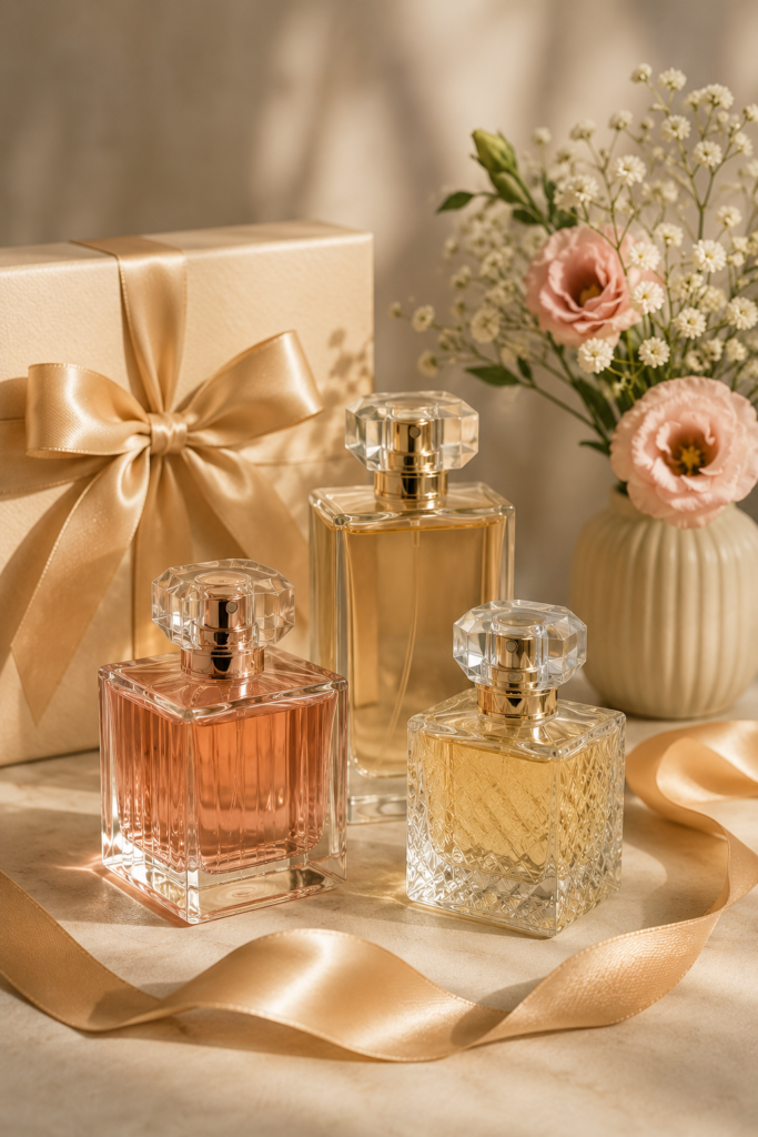 Elegancka kompozycja perfum i kwiatów